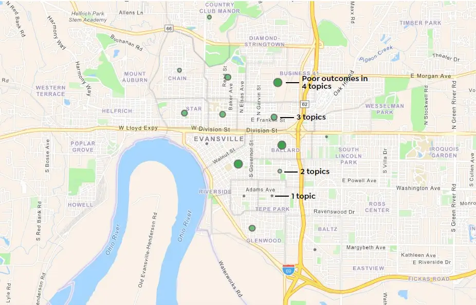 Evansville neighborhoods with vulnerability for at least one topic area